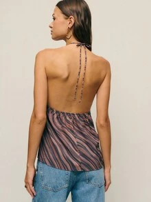 Nöista Halter Neck Top With A Draped Cowl Front, Featuring Fluid Wavy Stripes In Earthy Brown And Black. A Chic Piece That Transitions Seamlessly From Office Layering To Night-Out Glam With Trousers Or Skirts. - Brown - View 2