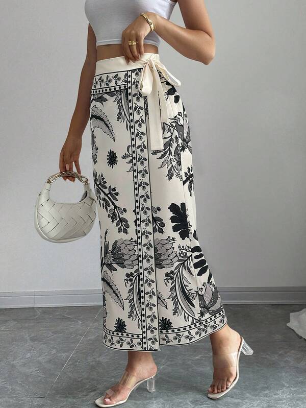 Elenzga Falda recta con estampado floral elegante y lazo, estilo de vacaciones para mujer