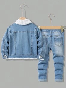 SHEIN 2pcs Young Boy Blue Denim Thermal Lined Jacket With Collar And Elastic Skinny Pants Set, Autumn/Winter Fall