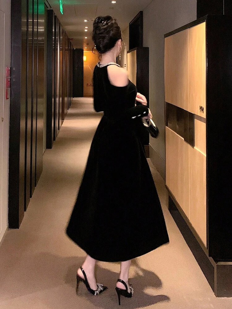 Elegant Party Dress With Shoulder Cut-Out & Rhinestone Decor, Mid-Length For Women, Autumn Prom Dress