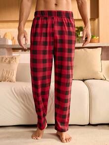 Manfinity Underwear&Sleepwear Basics Plus Size Plaid Print Elastic Waist Pocket Casual Lounge Pants For Men, Fall