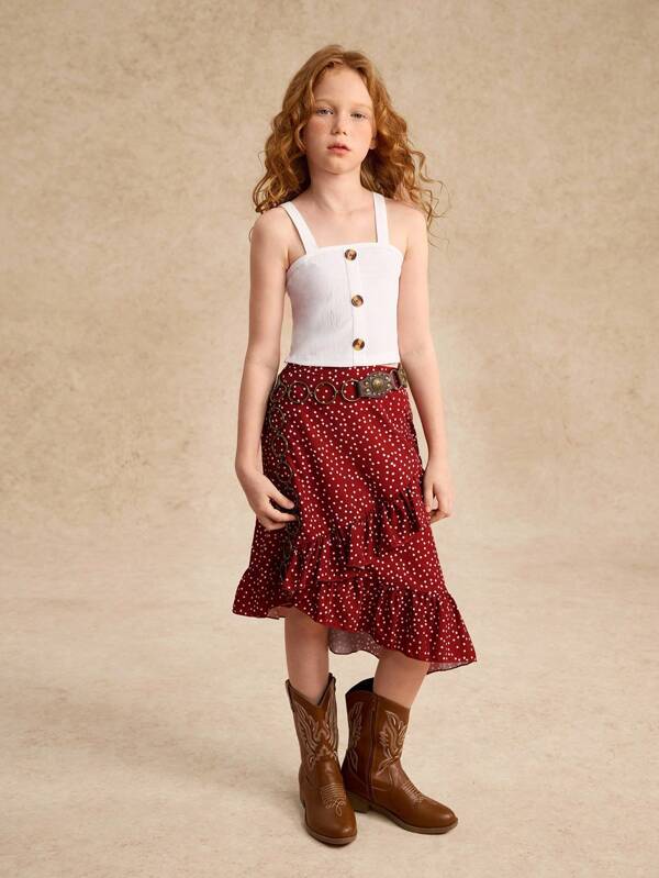 Tween Girl Casual Polka Dot Printed Wrap Skirt With Ruffle Hem And Cami Top Set Summer Holiday