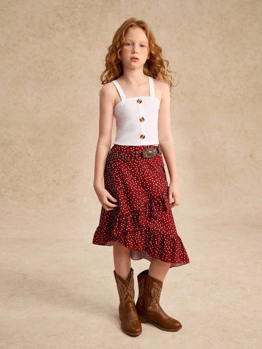 Tween Girl Casual Polka Dot Printed Wrap Skirt With Ruffle Hem And Cami Top Set Summer Holiday - Red - View 1