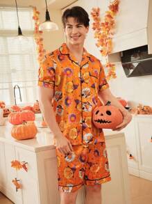 FamilyFrolics Cute Donut Print Satin Men Pajama Set, Suitable For Halloween - Multicolor - View 4