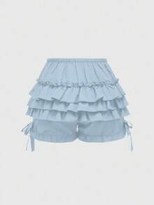 ROMWE Goth Dark Academia Style Women Pumpkin Shorts With Cute 3-Layer Ruffle Hem And Bow Decor - Blue - View 2