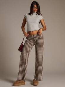 Aloruh Women's New Brown Striped Low-Waist Pants, Autumn/Winter,Fall