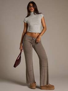 Aloruh Women's New Brown Striped Low-Waist Pants, Autumn/Winter,Fall