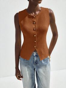 Maija 2025 Autumn/Winter Solid Color Front Button Sleeveless Knit Top, Elegant Urban Chic, Suitable For Workplace, Commute, Business, Casual, Wedding Guest, Party, Office Wear - Brown - View 7