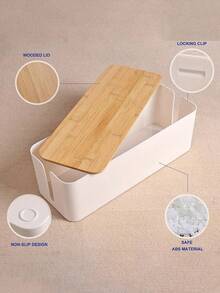 SHEIN 1 pieza Caja de almacenamiento de cables de datos de plástico con tapa de madera, caja organizadora de cables para ocultar cables, caja de almacenamiento de regletas, adecuada para dormitorio, baño, escritorio, sala de estar, oficina, estudio