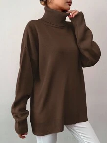 EURMUSE 女士休闲纯色高领宽松毛衣，适合秋冬季 - 棕色 - 查看 5