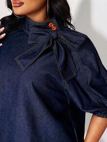 SHEIN Lady Áo cánh denim trang trí nơ màu trơn cỡ lớn - Rửa tối - Xem 5