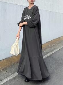 FRIFUL Women's Round Neck Thermal Lined Loose Letter Print Contrast Color Decor Fishtail Hem Long Dress - Grey - View 4