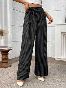 EMERY ROSE 女士打结腰部褶皱条纹阔腿宽松休闲裤 - 黑色 - 查看 6