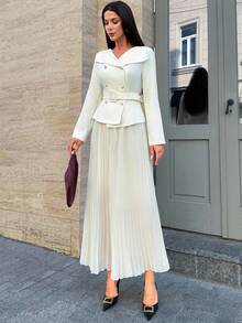 Firerie Elegant Women's Off-White 2 Pieces Set,Autumn Office Long Sleeve Top With Belt & Pleated Umbrella Chiffon Skirt,Business Casual Teacher Outfits Suit - Apricot - View 6