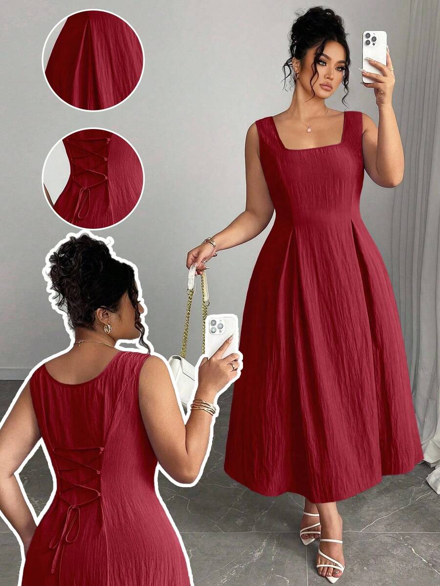 Elenzga 大码女式领结 A 字形抽绳腰部优雅连衣裙，适合生日、夏季、婚礼宾客、毕业典礼 - 酒紅色 - 查看 1