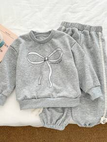 Genkimix Kids 2 Stücke Set für Kleine Mädchen bestehend aus Top mit Schleifendruck und Skinny Hose mit Spitzenbesatz