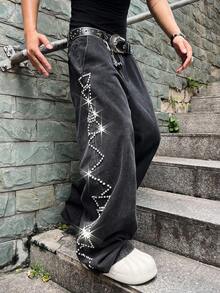 Manfinity EMRG 大码男士休闲水洗水钻装饰牛仔裤 - 黑色 - 查看 8