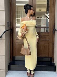 SHEIN EZwear Women's New Butter Yellow Off Shoulder Fitted Long Sleeve Dress, Fall Dresses For Going Out - Yellow - View 7