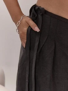 MUSERA 阔腿系带褶裥长裤，优雅性感，适合夜晚外出、度假、办公室、冬季派对等场合。 - 黑色 - 查看 6