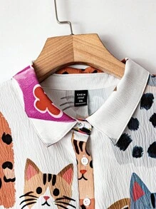 EMERY ROSE Damen Große Größen Lässiges Lose Tier Muster Kragen Tasche Hemd