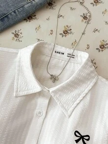 青少年女孩白色修身弧形下摆图案衬衫、条纹衬衫、学院风衬衫、白衬衫、百搭百搭衬衫、青少年衬衫，适合年轻女孩 - 白色 - 查看 7