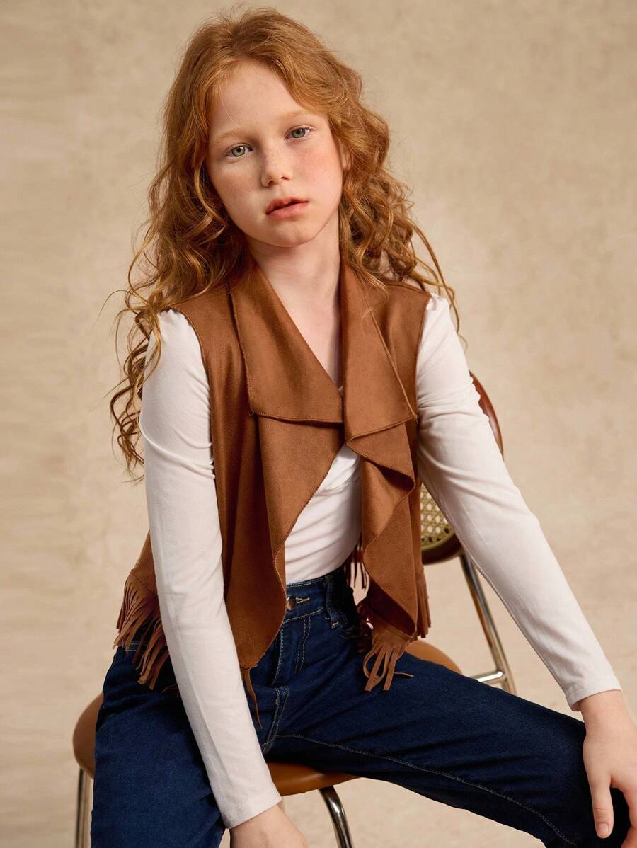 Tween Girl Waterfall Collar Fringe Trim Open Front Coat - Brown - View 1