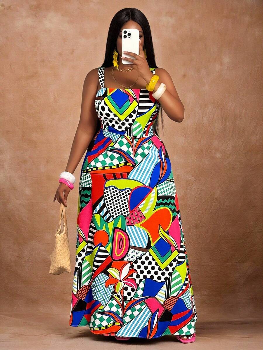 Slaydiva 秋冬新品/女士秋装/万圣节/秋冬女装 秋冬新品,女士秋冬服装,万圣节,春夏度假休闲修身吊带抽绳A字印花大码连衣裙/女士生日连衣裙,波点条纹印花度假长裙 - 蓝色 - 彩色 - 查看 1