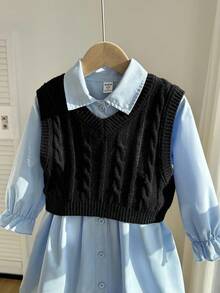 SHEIN Cute Knitted Vest & A-Line Dress 2-Piece Set For Young Girl, Stylish