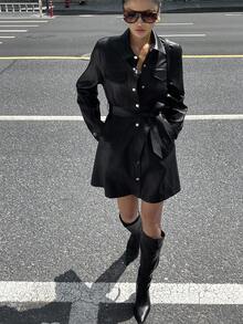 DAZY Women's PU Shirt Style Mid-Length Dress, Spring/Autumn - Black - View 6