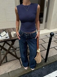 Siren Gaze 女式百搭纹理修身背心，夏季 - 藏蓝色 - 查看 6