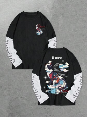 Street Life Camiseta de manga larga 2 en 1 negra y blanca para hombres, casual y cómoda, para otoño/invierno, con estampado de gato estrellado