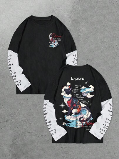 Street Life Maglietta a maniche lunghe bicolore (nero e bianco) da uomo, casual e comoda, adatta per autunno/inverno, con stampa di gatti stellati