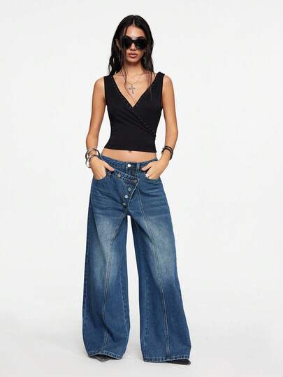 Grunge Punk Women's Asymmetric Patchwork Denim Jeans