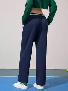 CourtClass CourtClass 女士休闲宽松字母印花撞色罗纹腰带直筒口袋长款运动裤，适合日常穿着和网球运动 - 藏蓝色 - 查看 2