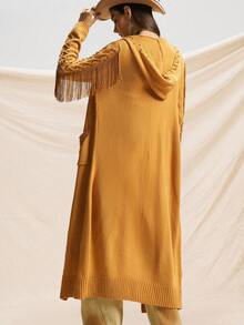 Easelle 女牛仔西部复古休闲串珠流苏细节连帽姜黄色长款毛衣，秋冬乡村音乐会 - 棕色 - 查看 4