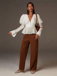 Athîral Women's Solid Color Deep V-Neck Puff Sleeve Button Design Ruffle Hem Elegant Fashion Blouse - White - View 6
