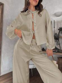 SHEIN 大码女式纯色阔腿灯笼袖前蝴蝶结细节两件套 - 米色 - 查看 4