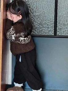 DAZY Baby Girls' Crew Neck Contrast Color Cartoon Print Long Sleeve Sweater Fall,Winter Toddler Girls Clothes - Coffee Brown - View 6