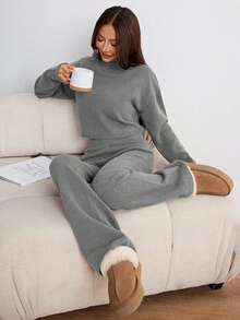 EURMUSE Women's Casual Daily Simple Solid Color High Neck Loose Sweater And Flared Sweater Pants 2 Pieces Set, Autumn/Winter - Light Grey - View 6