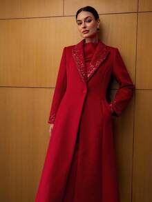 MOTF PREMIUM WOOL SEQUIN BEADED EMBROIDERY PANEL PEAK COLLAR SLANT POCKET OVERCOAT