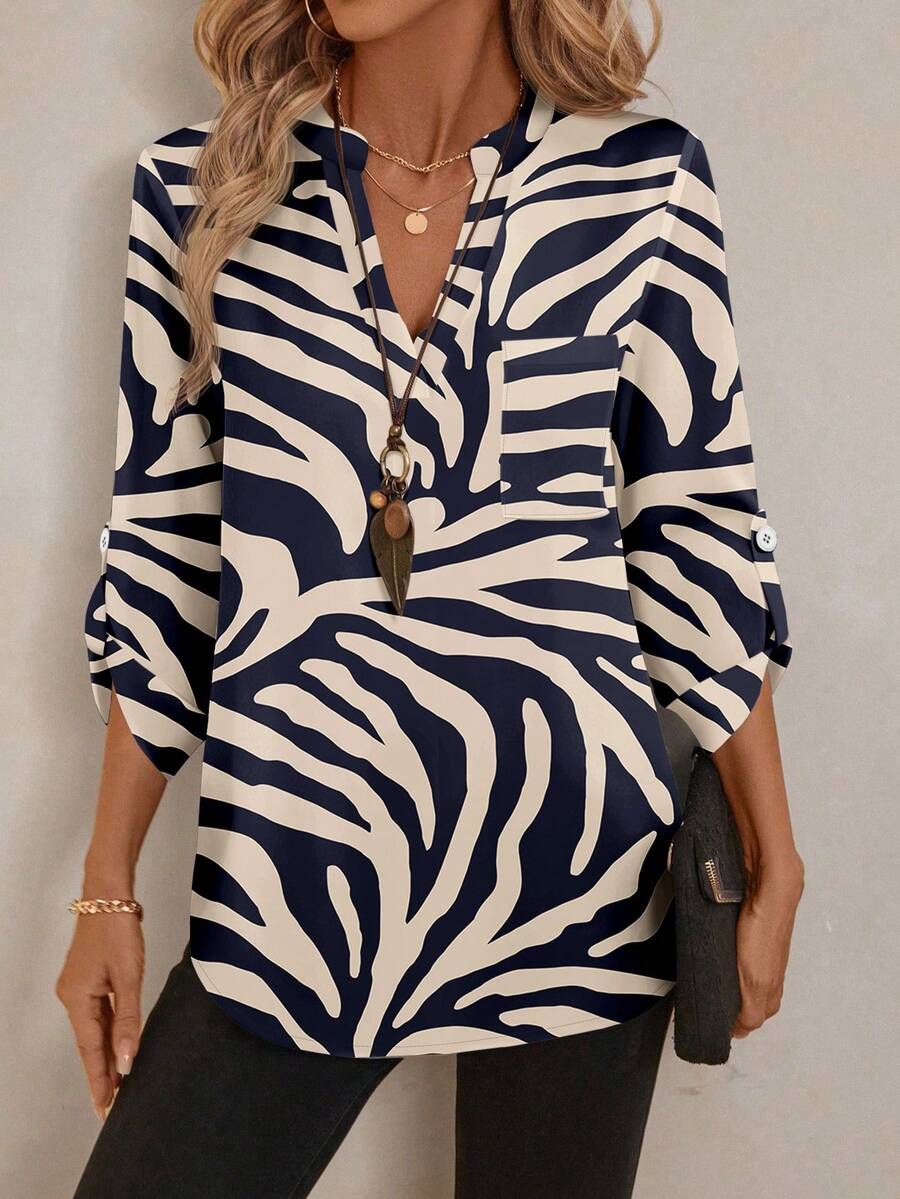 EMERY ROSE Áo sơ mi công sở cổ khoét tay 3/4 họa tiết ngựa vằn cho nữ Áo cánh sang trọng dành cho nữ Áo cánh họa tiết ngựa vằn Áo dài tay cho nữ Áo dài ngựa vằn Áo dài tay cho nữ Áo dài ngựa vằn - Nhiều màu - Xem 1