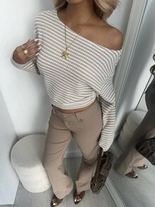 Aloruh 新款时尚不对称肩部休闲条纹长袖T恤，不对称肩部设计，上衣宽松，下装紧身，显瘦，杏色 - 杏色 - 查看 8