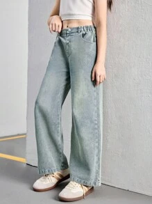SHEIN Genkimix Kids Tween Girls Jeans, New Y2K Vintage Washed Light Blue Relaxed Straight Leg Jeans With Elastic Waistband, Comfortable And Convenient For Daily Wear, Minimalist And Versatile Design Summer Holiday - Light Wash - View 5