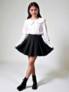 Ontre 青少年女孩彼得潘领花卉图案纯色泡泡袖衬衫 - 白色 - 查看 3