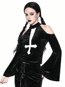ROMWE Goth Gothic Dark Style Halloween, Inverted Cross Embroidery Off-Shoulder Flare Sleeve Velvet Crop Top For Women