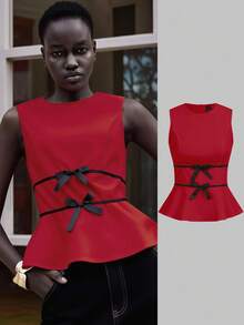 Lumivelle Women's Sleeveless Contrast Color Bow Decor Shirt, European And American Style Skirt, Summer Christmas - Red - View 4