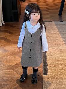 DAZY Gaun Sweater Midi Berlapis Gaya Korea Warna Polos Leher V untuk Balita Perempuan, Musim Gugur/Dingin - Grey - View 3
