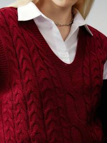 Women Casual Daily Cable Knit V-Neck Vest, For Autumn - Burgundy - View 7