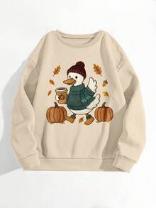 时尚可爱的秋季鸭子和南瓜图案套头衫，女士圆领长袖休闲装 - 杏色 - 查看 6