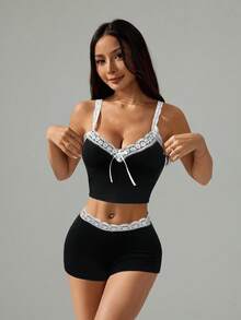 SHEIN PETITE Women's Lace Patchwork Bow Decor Cropped Camisole And Shorts Bodycon Sexy 2 Pieces Set ,Petite Women - Black - View 4